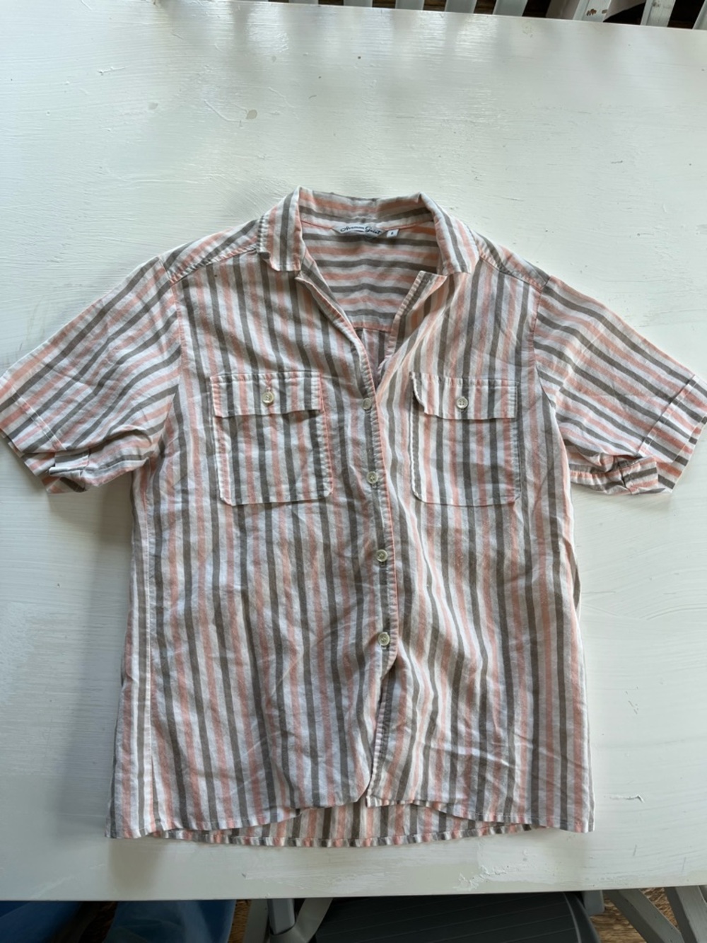 Lightweight Short-Sleeve Button-Down Shirt in Pink and Gray Stripe